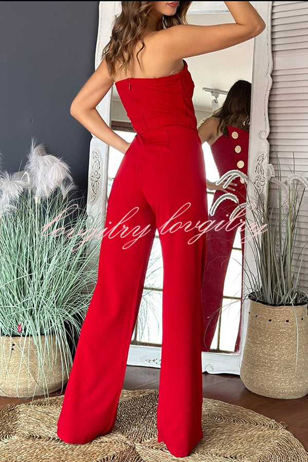 Solid Color Sexy Tube Top Gold Button Embellished Bootcut Jumpsuit