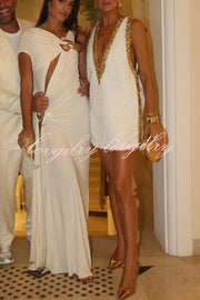 Cocktail Charm Sequin Colorblock Trim V-neck Sleeveless A-line Mini Dress