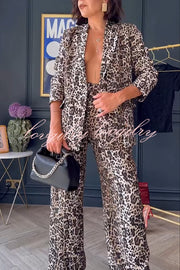 Wild Lifestyle Leopard Print Lapel Blazer and Elastic Waist Pocketed Wide Leg Pants Set