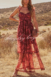 Romantic and Elegant Mesh Floral Back Smocked Tiered Ruffle Maxi Dress