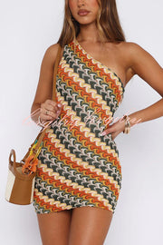 Playful Colorful Knitted Slim-fitting Offset Neck Stretch Mini Dress