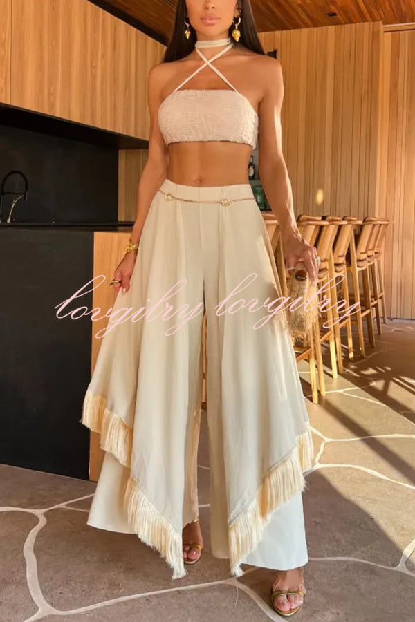 Sexy Lace-Up Bandeau Top and Irregular Tassel Pants Set