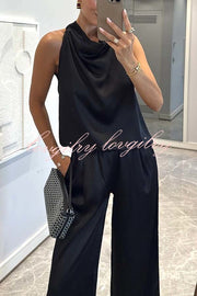 Classic on You Satin High Cowl Neck Top and Elastic Waist Pocket Loose Pants Set