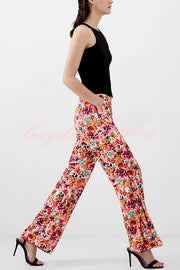 Full of Energy Flower Print Lapel Blazer and Elastic Waist Pocket Pleated Side Hem Pants Set