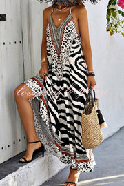 Zebra Print V-neck Open Back Loose Maxi Dress