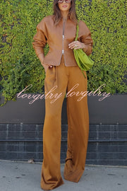 Pop of Brown Faux Leather Double Zipper Detail Balloon Sleeve Lapel Jacket