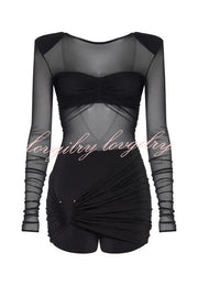 Sexy Mesh See-through Long-sleeved Backless Pleated Rompers