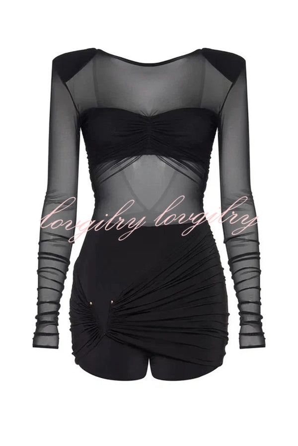 Sexy Mesh See-through Long-sleeved Backless Pleated Rompers