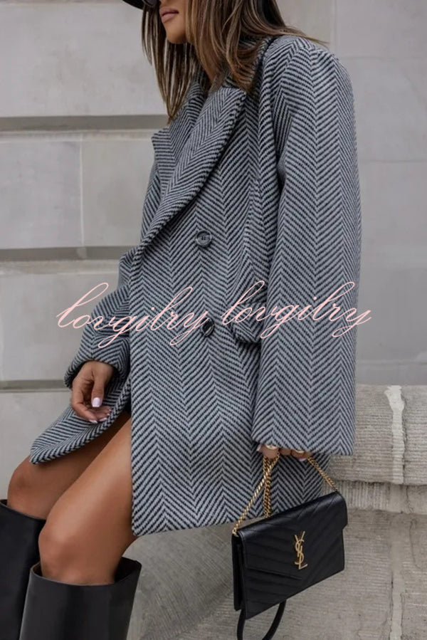 Fashion Stripe Print Lapel Pocket Coat