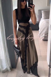 Verve Ribbed Jersey Cutout Waist Asymmetric Satin Lace Hem Maxi Dress