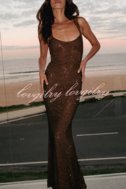 Midnight Fantasy Sequin Mesh Shoulder Strap Open Back Stretch Maxi Dress