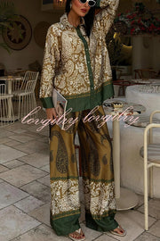 Naya Satin Contrast Color Paisley Long Sleeve Shirt and Elastic Waist Pocketed Pants Set