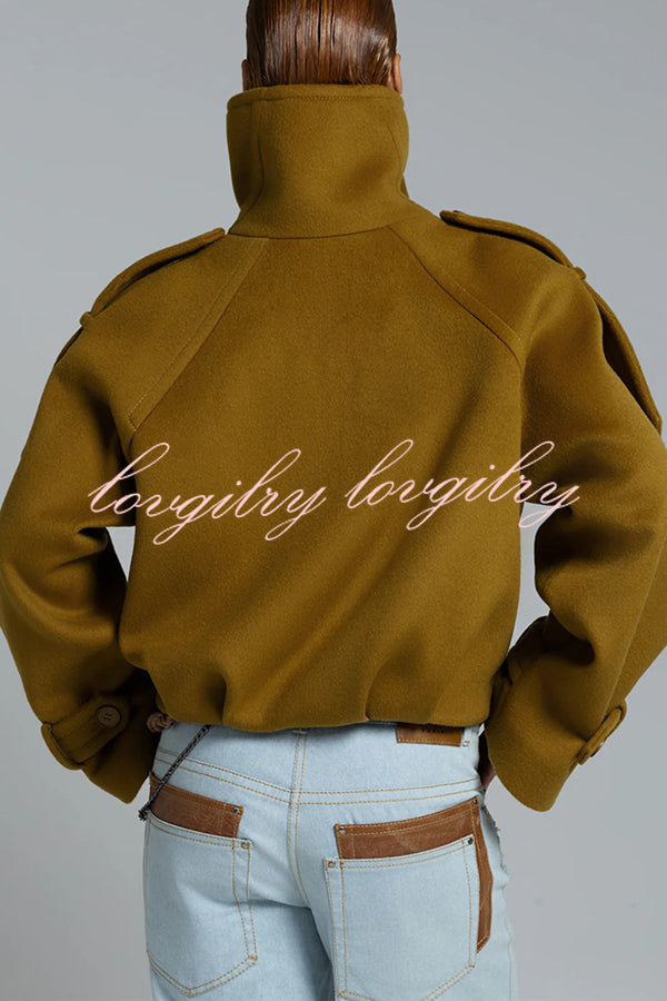Ellie Epaulettes Stand Neck Double-Breasted Pocket Cropped Loose Woolen Coat