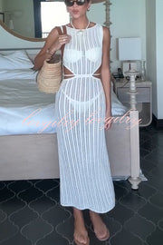 Beach Day Crochet Knit Cutout Waist Coverup Stretch Maxi Dress