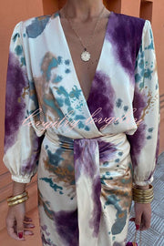 Luxury Party Satin Tie-dye Print V-neck Long Sleeve Shirt