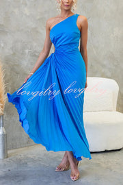 Charming One Shoulder Lace Up Cutout Pleated Maxi Dress