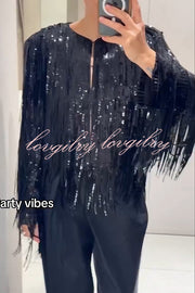 Party Crasher Layered Sequined Tassels Long Sleeve Loose Jacket