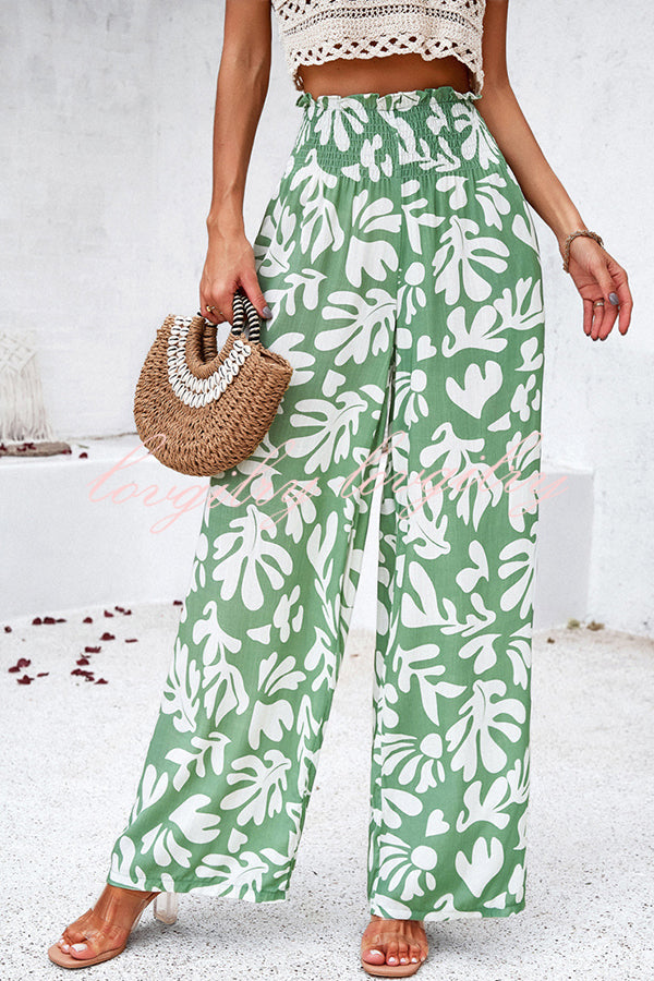 Uniquely Printed Ruffled Elastic Waist Pocket Pleated Wide Leg Pants