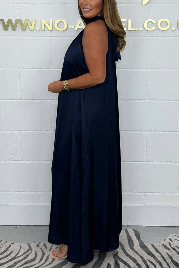 Solid Sleeveless High Neck Lace Up Loose Maxi Dress