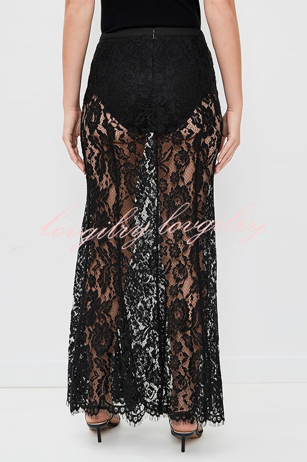 Make An Entrance Floral Stretch Lace Mid Rise Flare Maxi Skirt
