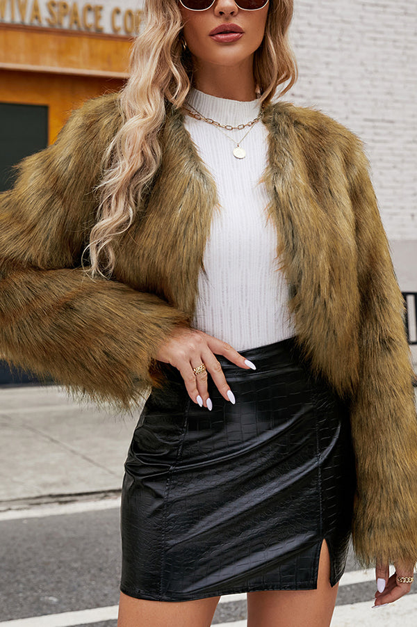 Stylish Long Sleeve Short Casual Faux Fur Jacket