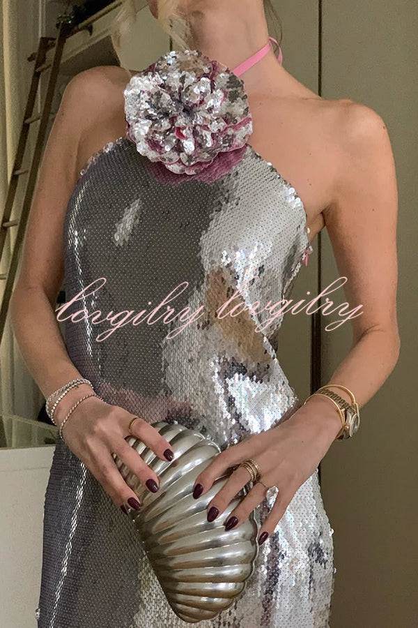 Moonlit Blooms Sequin Floral-appliqué Halter Neck Slit Gown Maxi Dress