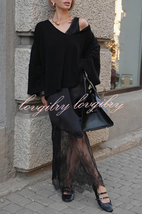 Luxury Winter Satin Lace Trim V-neck Sleeveless H-line Maxi Dress