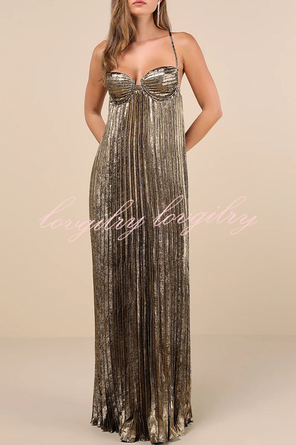 Jaelyn Metallic Fabric Pleated Back Cross Elasticated A-line Maxi Dress