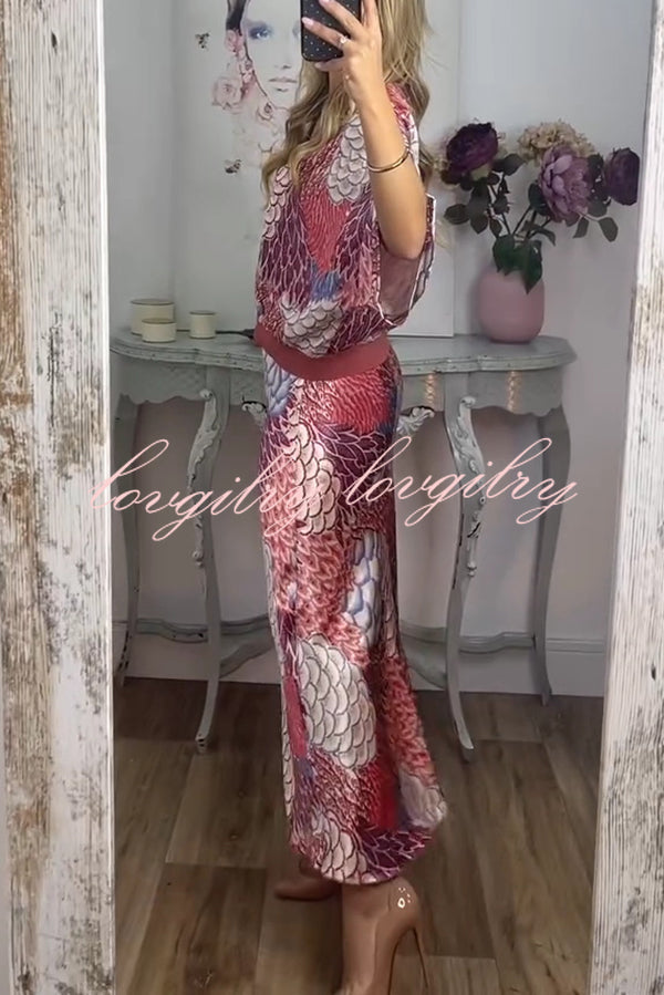 Satin Floral Print V-neck Half-sleeve Loose Top and Elegant Maxi Skirt Set