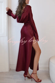 Satin Elegant Long-sleeved Open-back Slim-fit Slit Maxi Dress