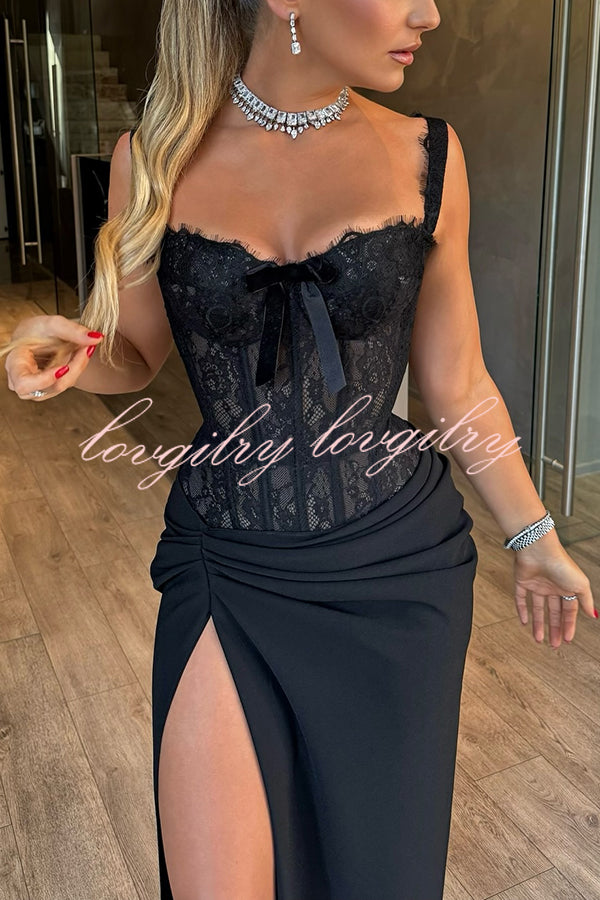 Sexy Grace Magic Lace Corset Bow Design Ruched Hip Slit Maxi Dress