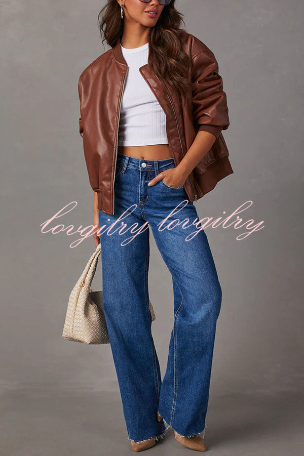 Solid Color Long Sleeve Loose Pocket Leather Jacket