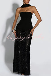 Oakley Corset Strapless Top and Sequin High Rise Maxi Skirt Scarf Set