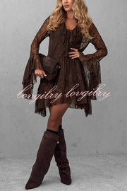 Feeling Lighthearted Lace Ruffle Neck Bell Sleeve Layered Hem A-line Mini Dress