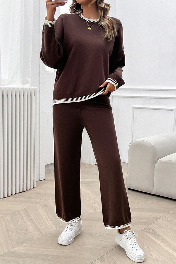 Home Casual Contrasting Color Knitted Sweater and Elastic Waist Loose Pants Set