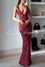 Festival Shines Sequin Beaded Mesh Bow Cutout Detail Slit Maxi Dress