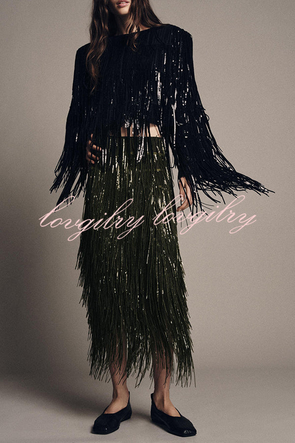 Party Crasher Layered Sequined Tassels Long Sleeve Loose Jacket