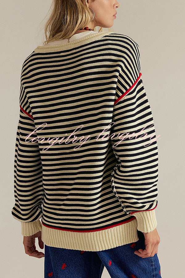 Fashion Striped Colorblock Loose Round Neck Long-sleeved Knitted Sweater