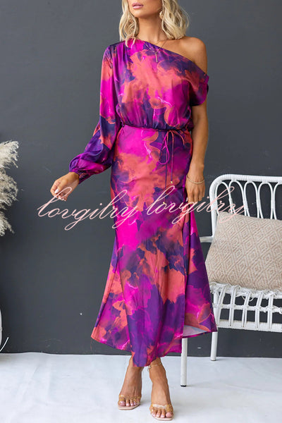 Winona Satin Floral Print One Shoulder Balloon Sleeve Tie-up Maxi Dress