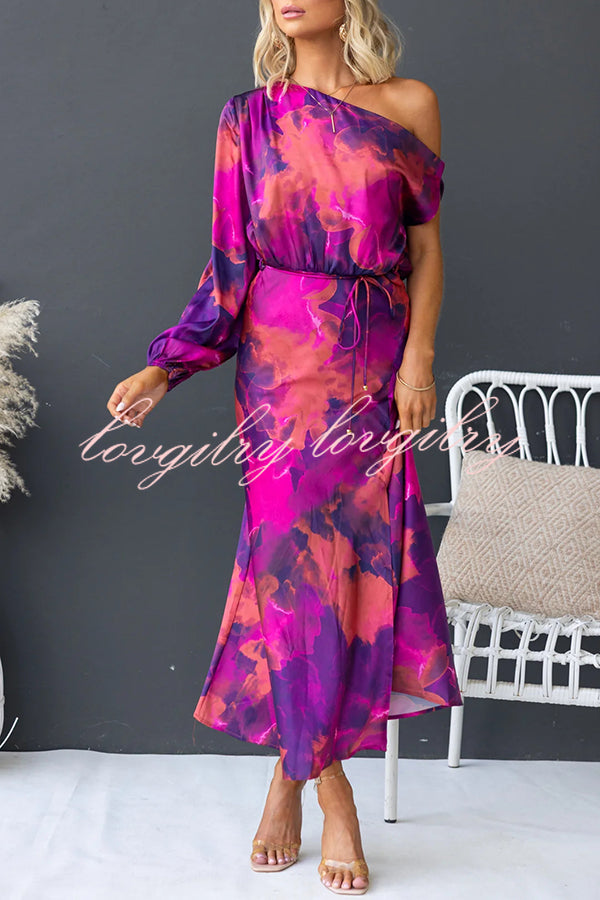 Winona Satin Floral Print One Shoulder Balloon Sleeve Tie-up Maxi Dress