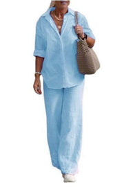 Solid Color Casual Long-sleeved Shirt and Elastic Waisted Loose Wide-leg Pants Set