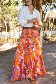 Resort Style Floral Print Elastic Waist Loose Stitching Maxi Skirt