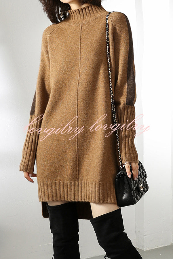 Dbfbdtu Knitted Turtleneck Slit Long Sleeved Mini Dress