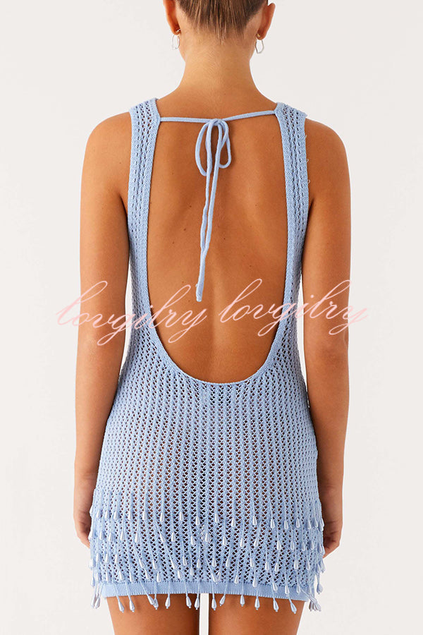Fashion Knit Hollow Beaded Tassel Embellished Sleeveless Slim Mini Dress