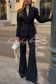 Solid Color Long-sleeved Single-button Blazer and Pocket Casual Flared Pants Set