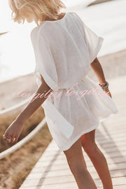 Breezy Retreat Cotton Linen Blend Pocketed Belt Kimono Mini Dress