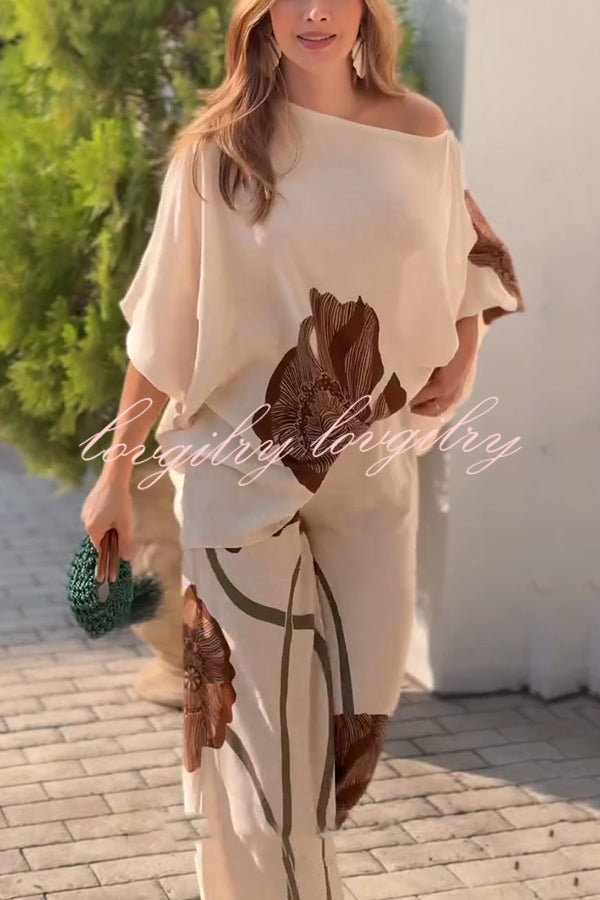 Floral Print Batwing Sleeves Loose-fitting Top and Relaxed Pocket Straight Pants Set