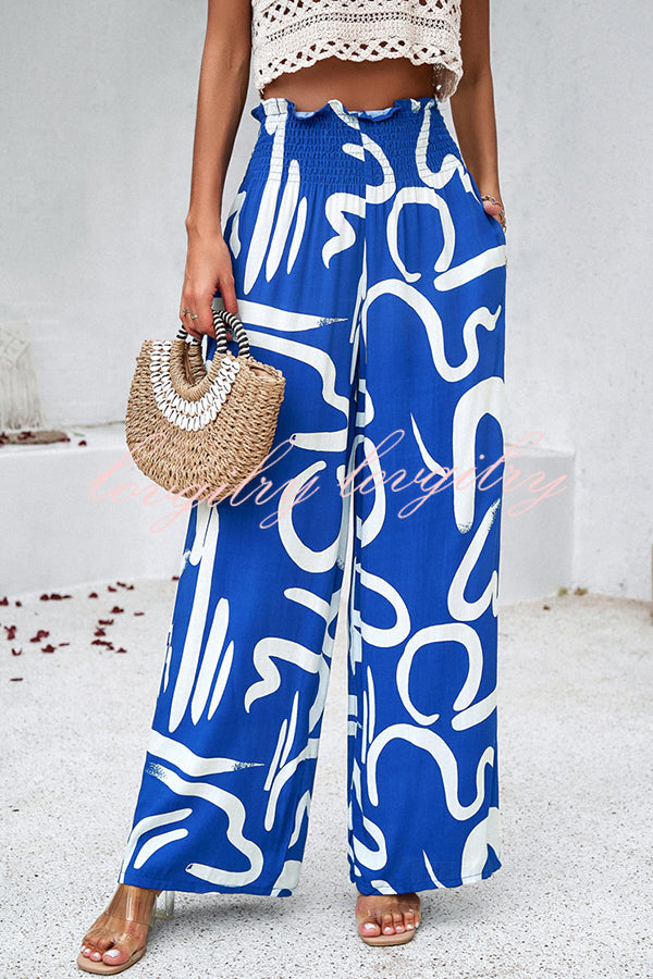 Uniquely Printed Ruffled Elastic Waist Pocket Pleated Wide Leg Pants