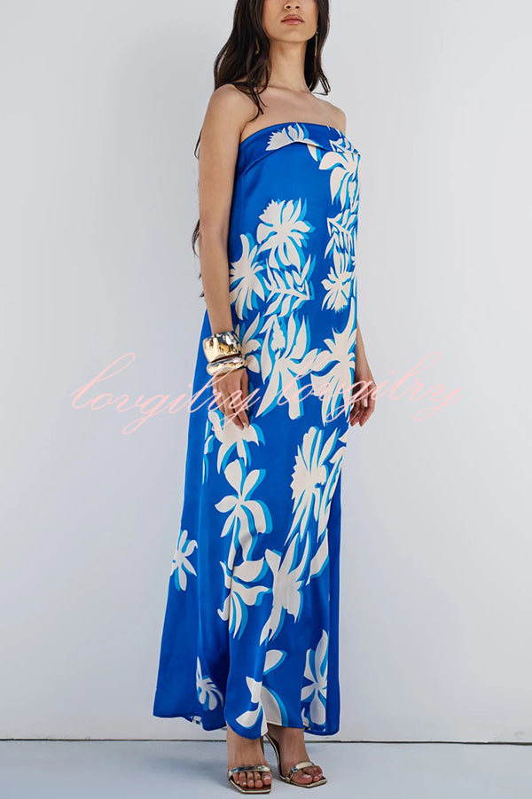 Fashion Vacation Satin Unique Print Off Shoulder Maxi Dress