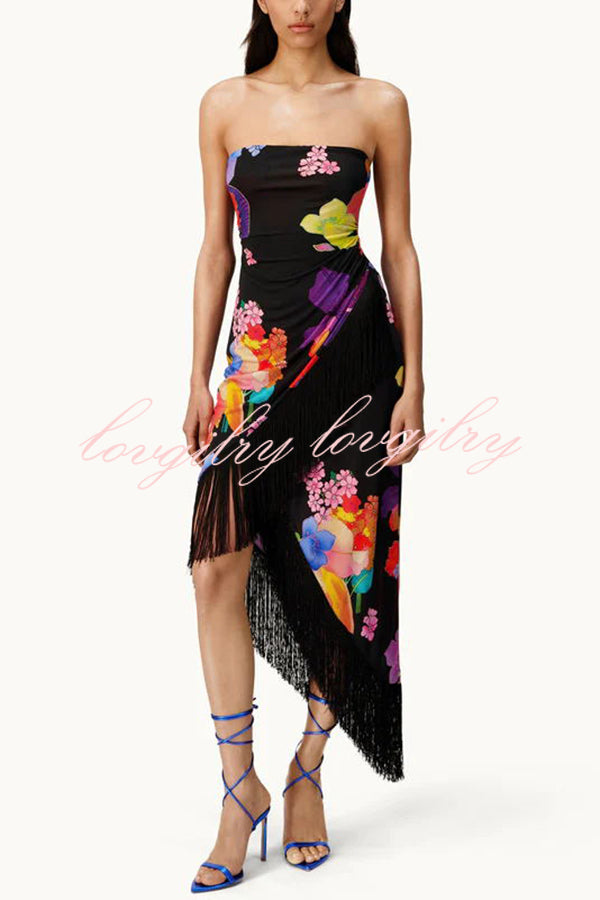 Island Girl Era Floral Print Tassel Trim Bandeau Stretch Midi Dress